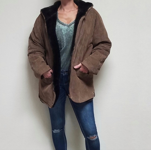 VINTAGE Hamilton Manor Reversible Suede Leather Sherpa Hooded Oversized Jacket - Picture 4 of 16